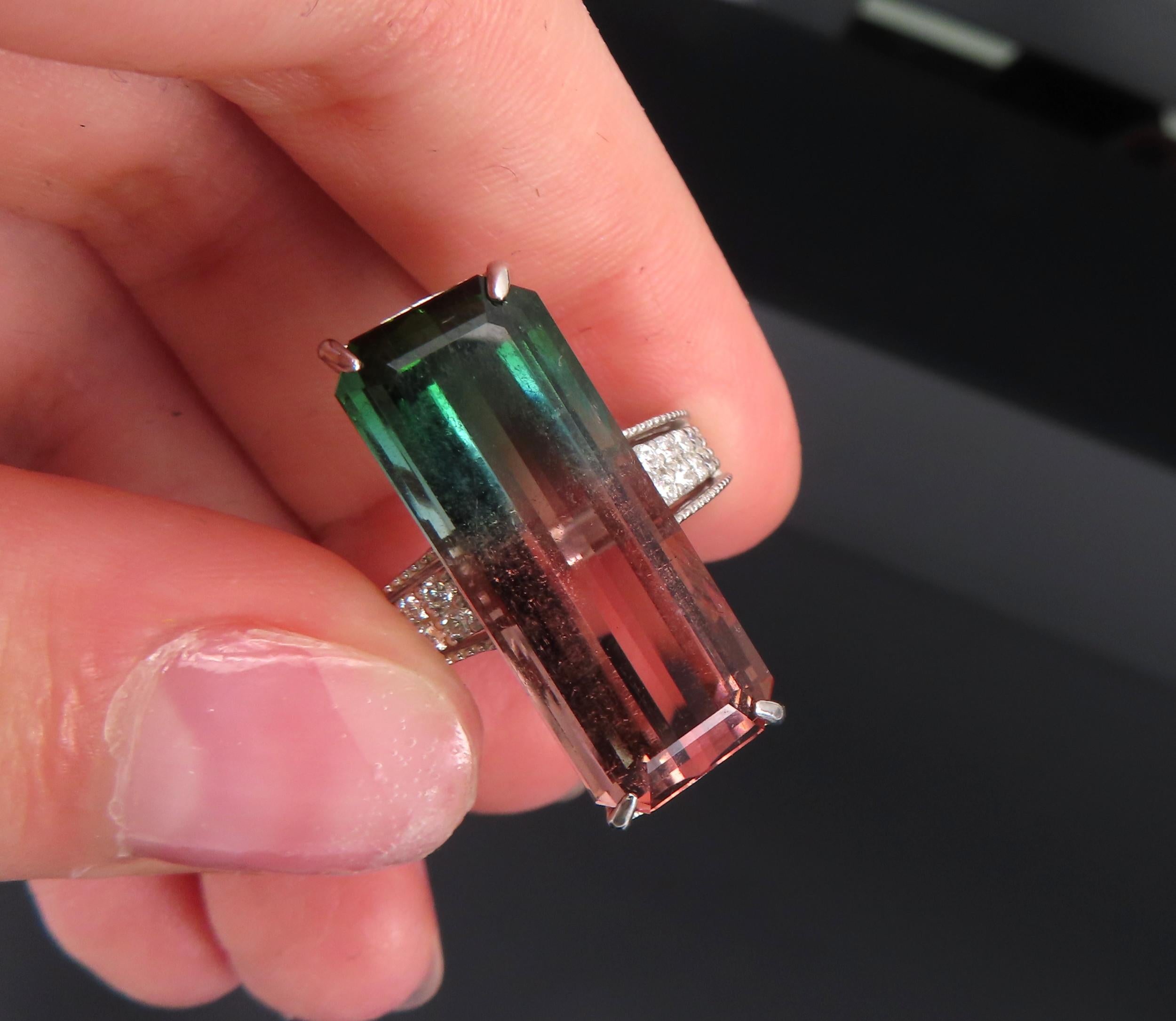 Rare 15.82ct Natural Watermelon Tourmaline & 0.35ct Diamond Platinum Ring Size 7