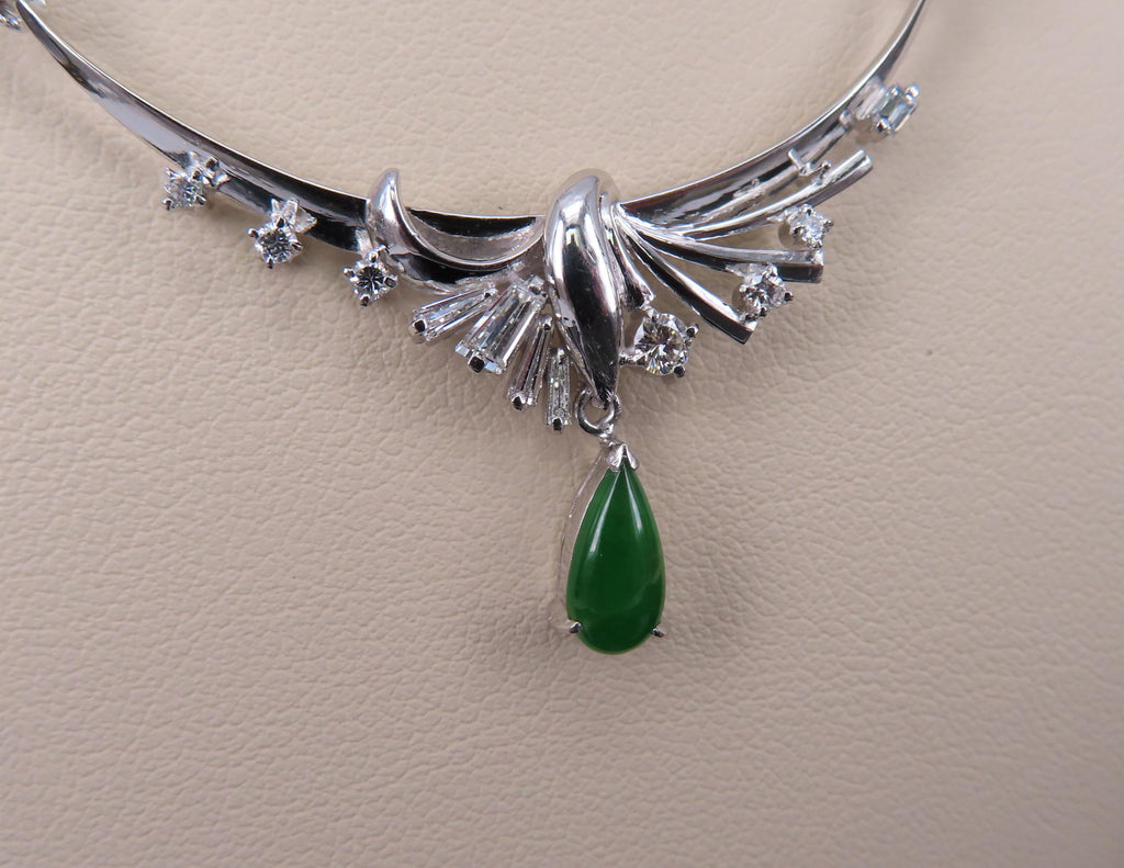Vintage 0.75 Green Jadeite Jade 0.50ct Diamond Platinum Necklace