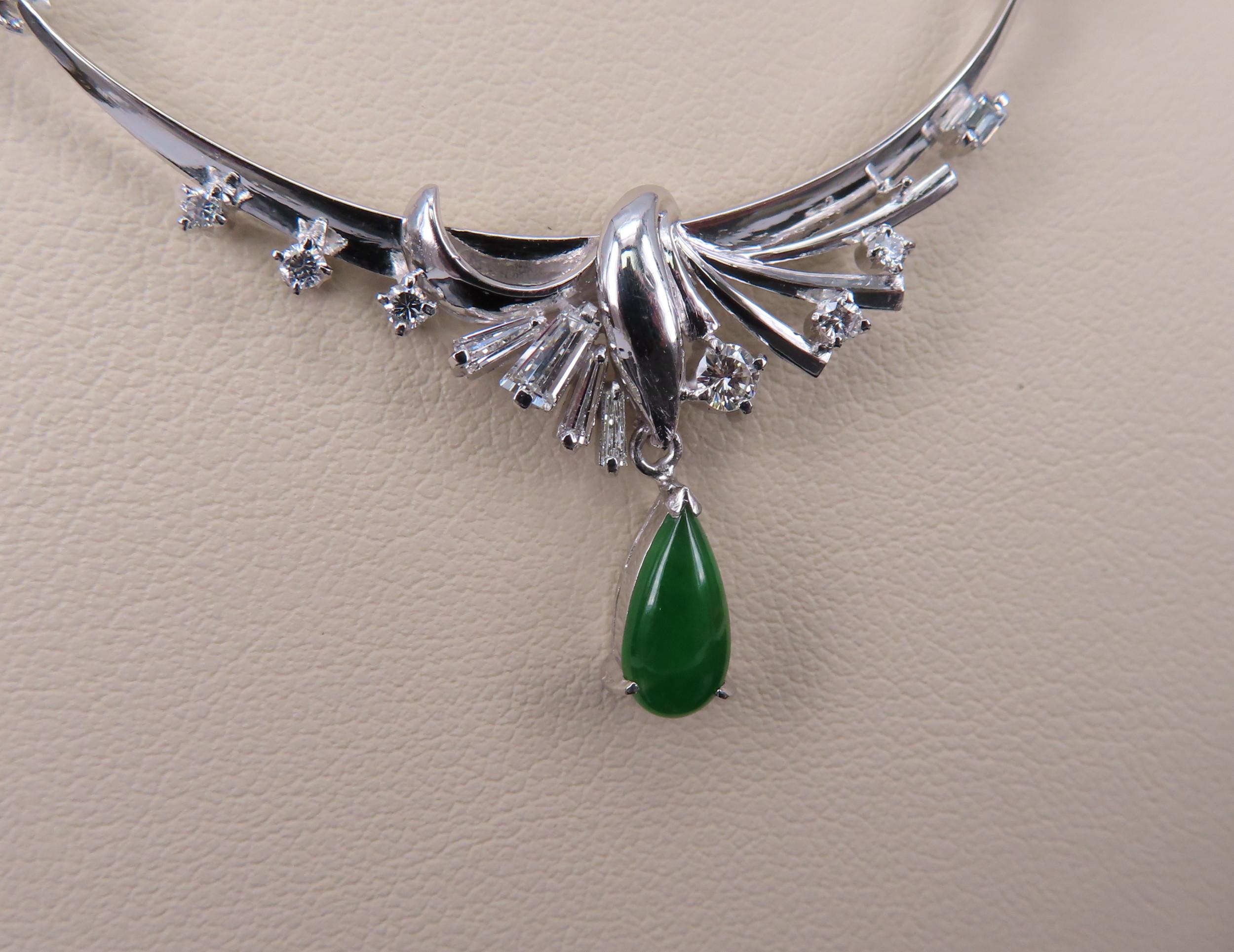 Vintage 0.75 Green Jadeite Jade 0.50ct Diamond Platinum Necklace