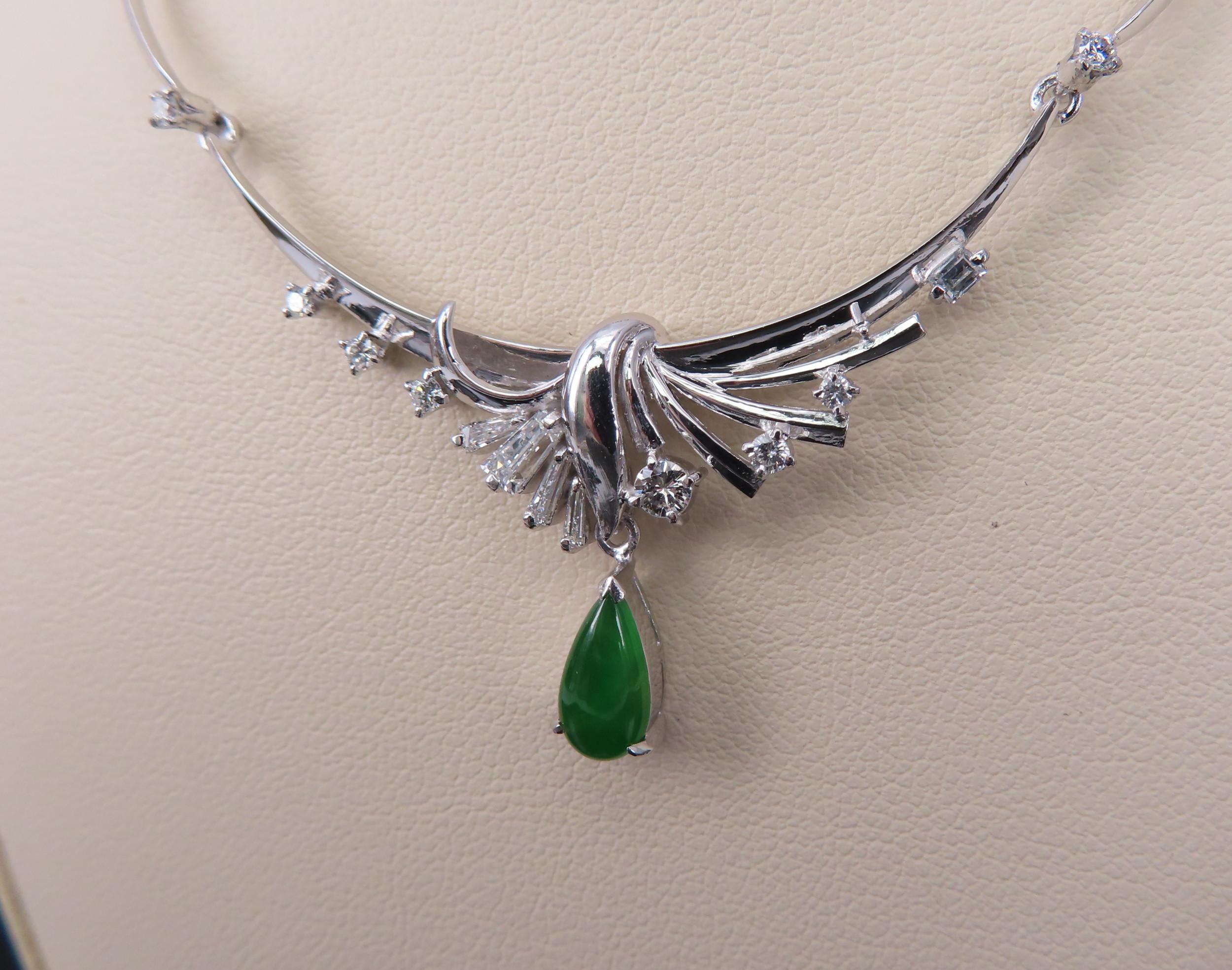 Vintage 0.75 Green Jadeite Jade 0.50ct Diamond Platinum Necklace