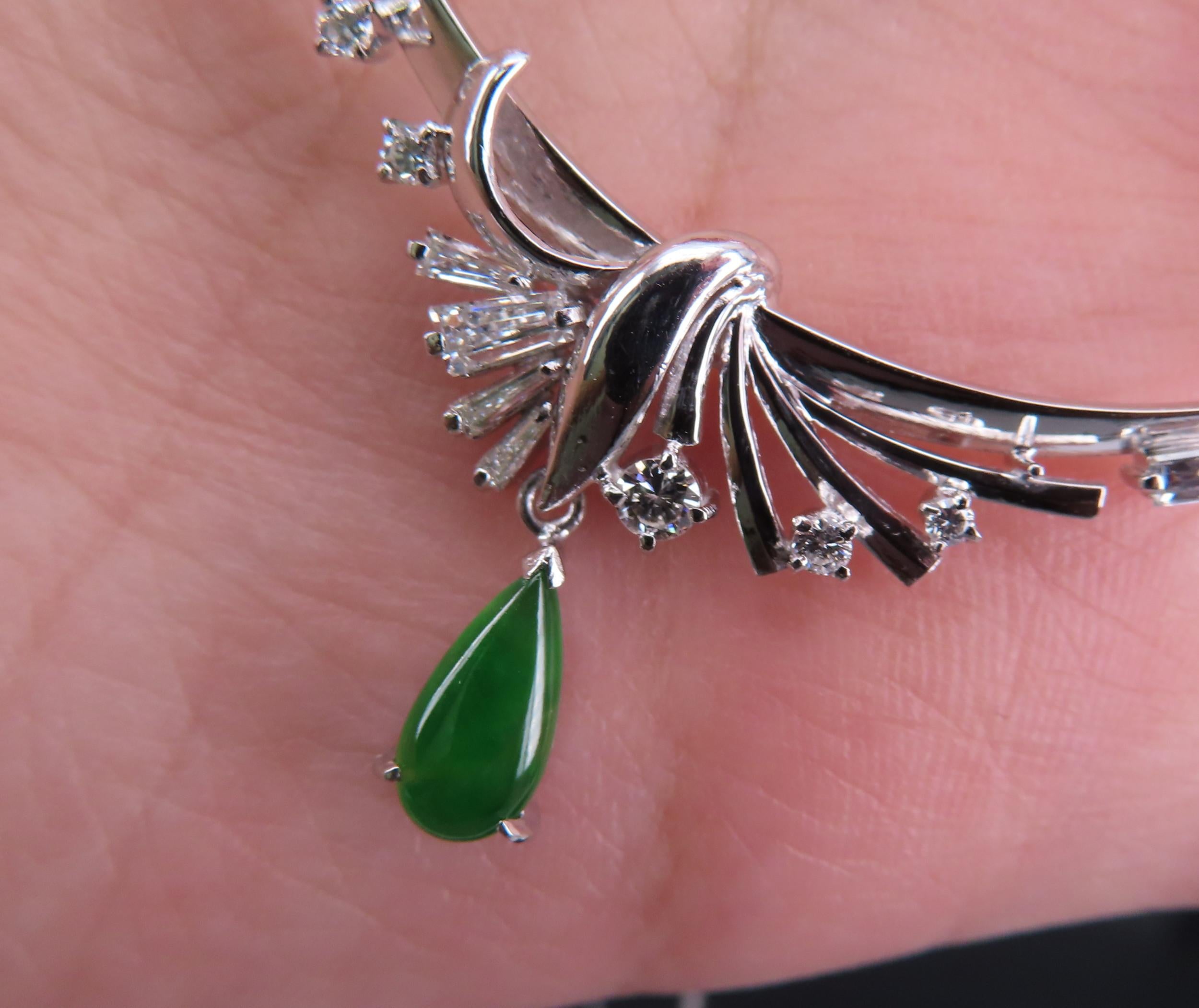Vintage 0.75 Green Jadeite Jade 0.50ct Diamond Platinum Necklace