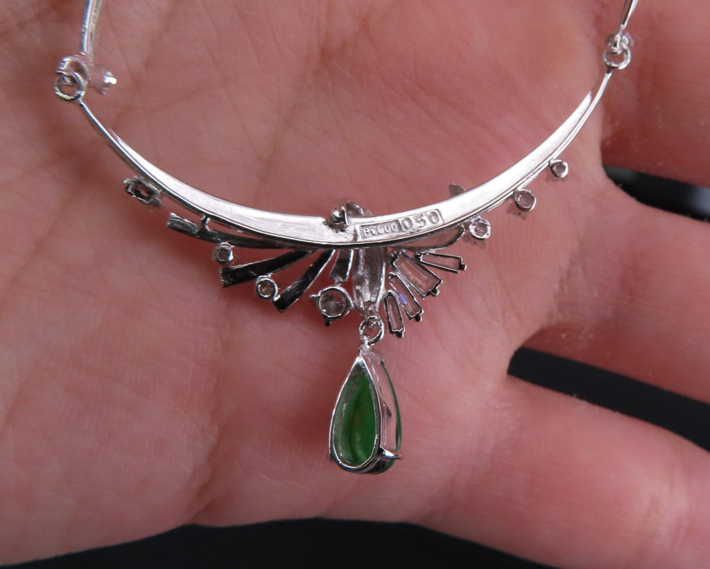 Vintage 0.75 Green Jadeite Jade 0.50ct Diamond Platinum Necklace