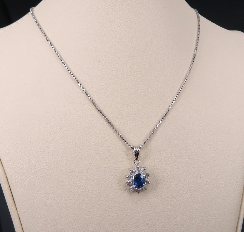 Vintage 0.40ct Royal Blue Sapphire 0.30ct Diamond Halo Platinum Necklace