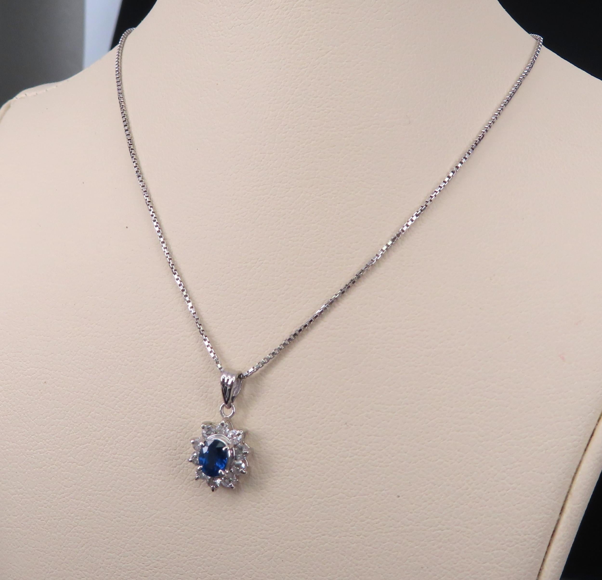 Vintage 0.40ct Royal Blue Sapphire 0.30ct Diamond Halo Platinum Necklace