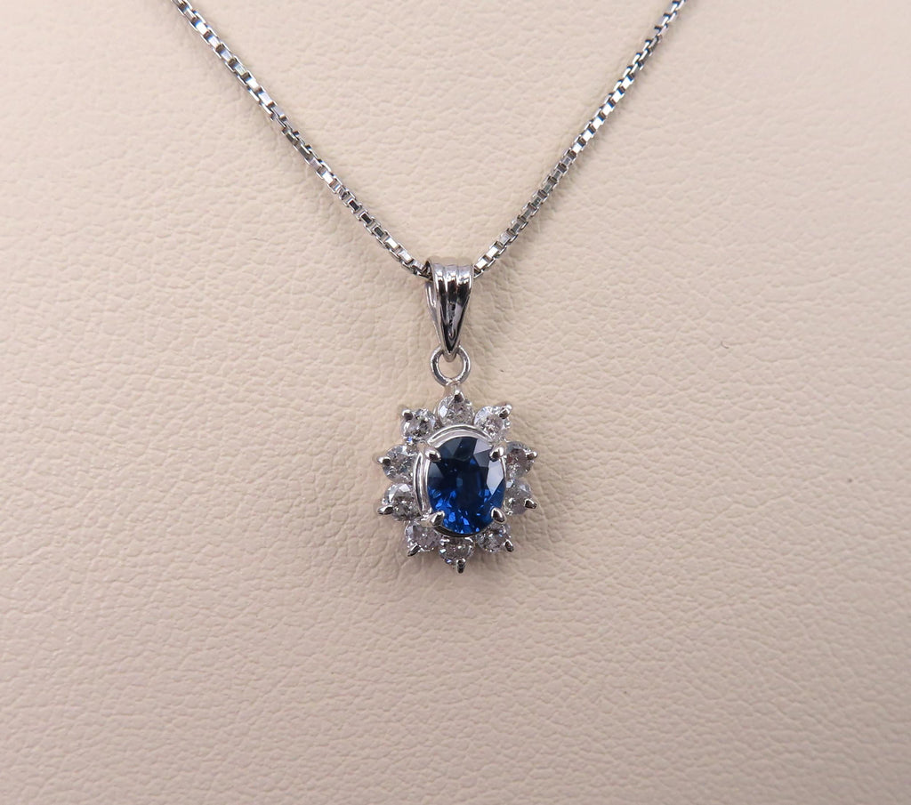 Vintage 0.40ct Royal Blue Sapphire 0.30ct Diamond Halo Platinum Necklace