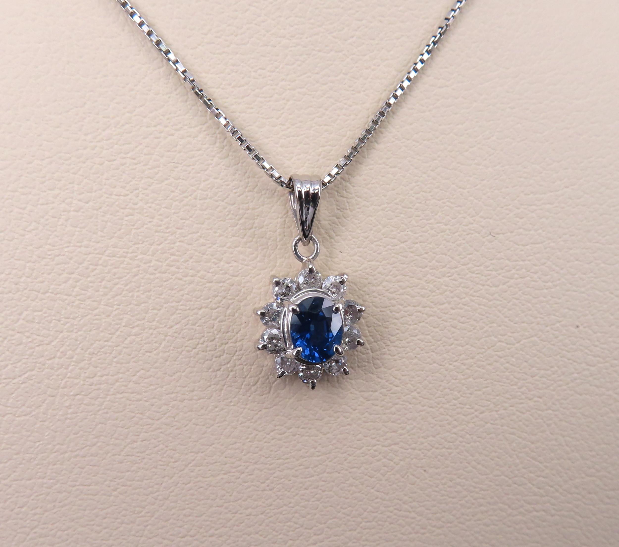 Vintage 0.40ct Royal Blue Sapphire 0.30ct Diamond Halo Platinum Necklace