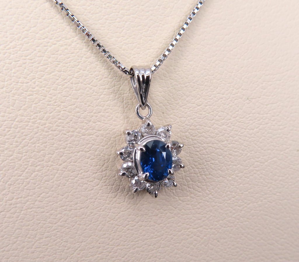 Vintage 0.40ct Royal Blue Sapphire 0.30ct Diamond Halo Platinum Necklace