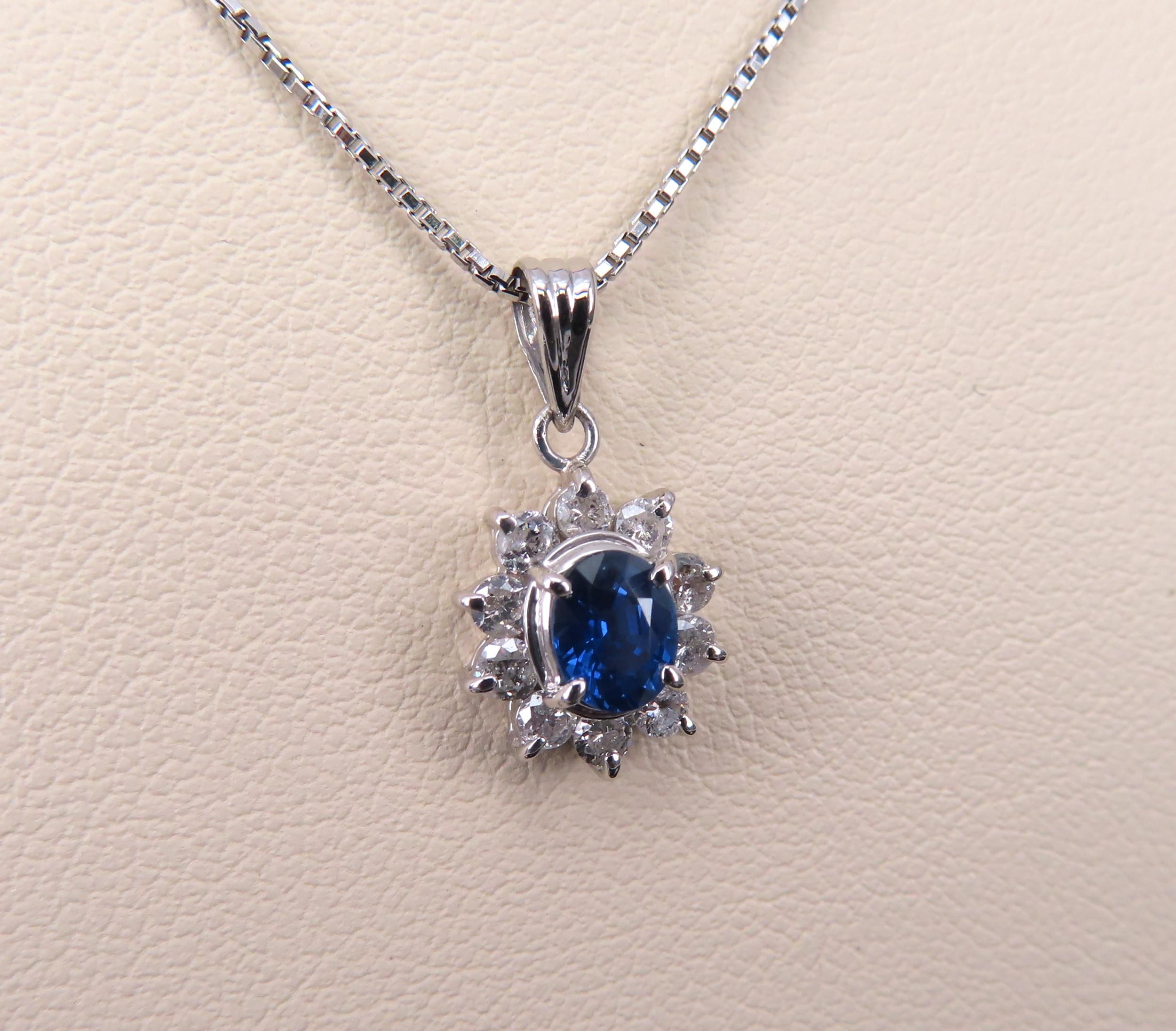 Vintage 0.40ct Royal Blue Sapphire 0.30ct Diamond Halo Platinum Necklace