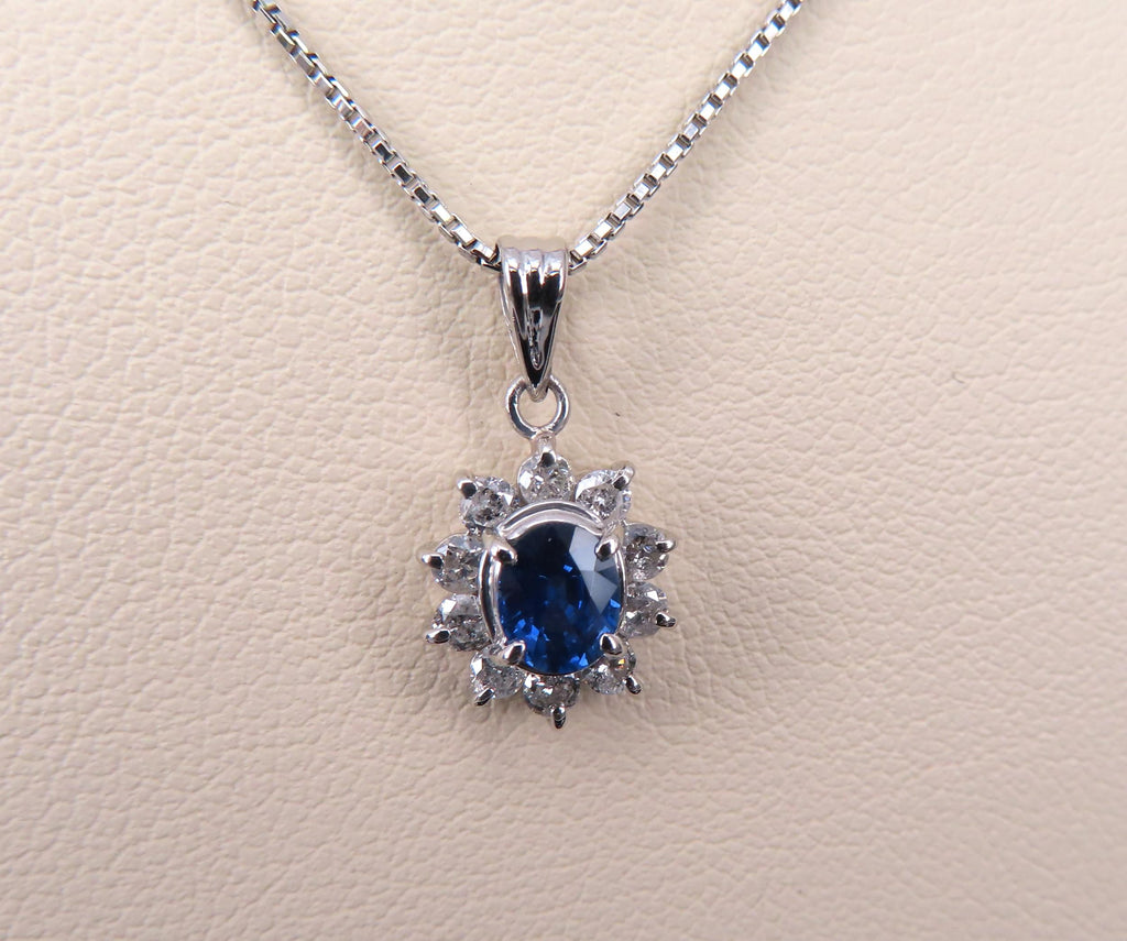 Vintage 0.40ct Royal Blue Sapphire 0.30ct Diamond Halo Platinum Necklace