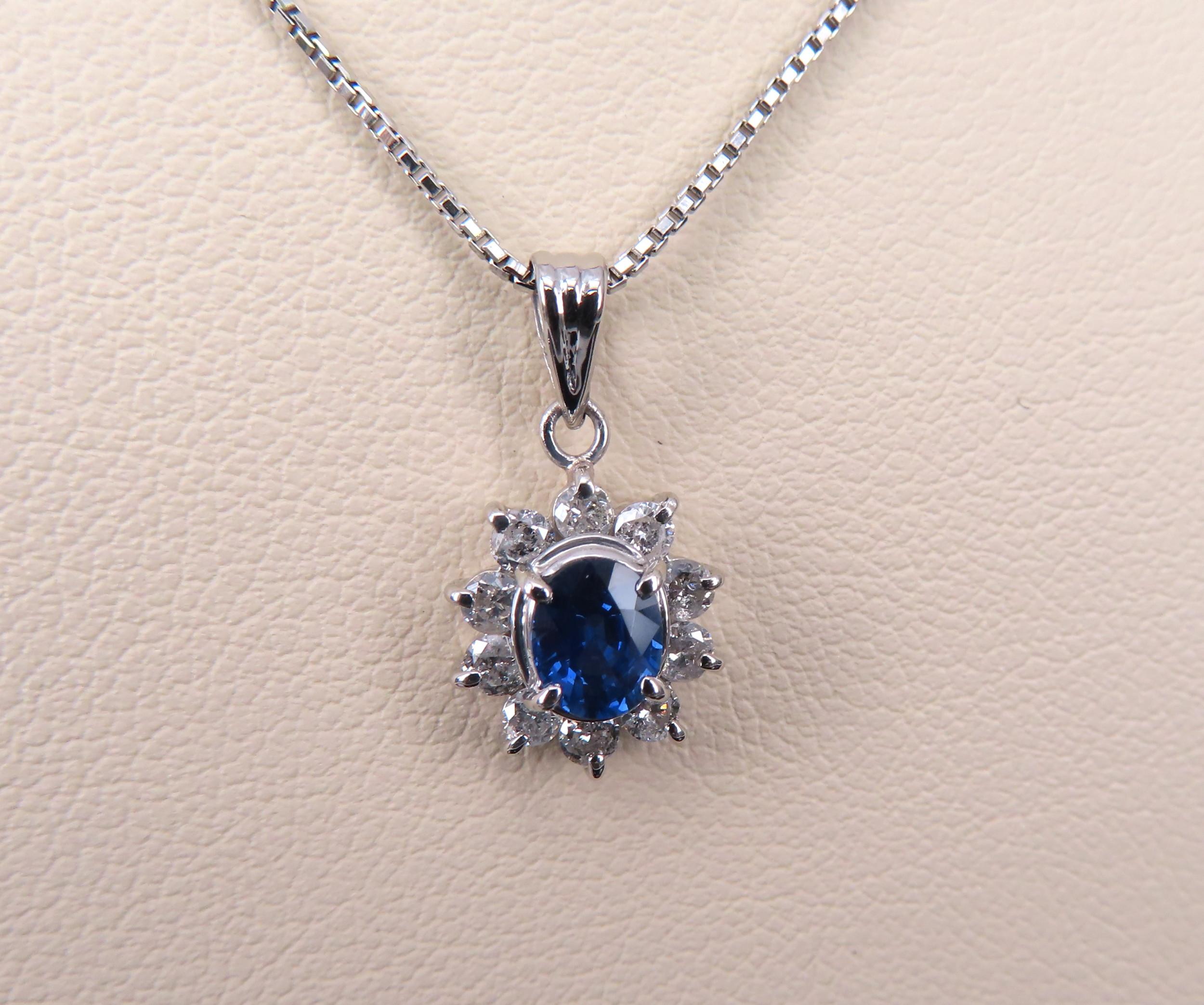 Vintage 0.40ct Royal Blue Sapphire 0.30ct Diamond Halo Platinum Necklace