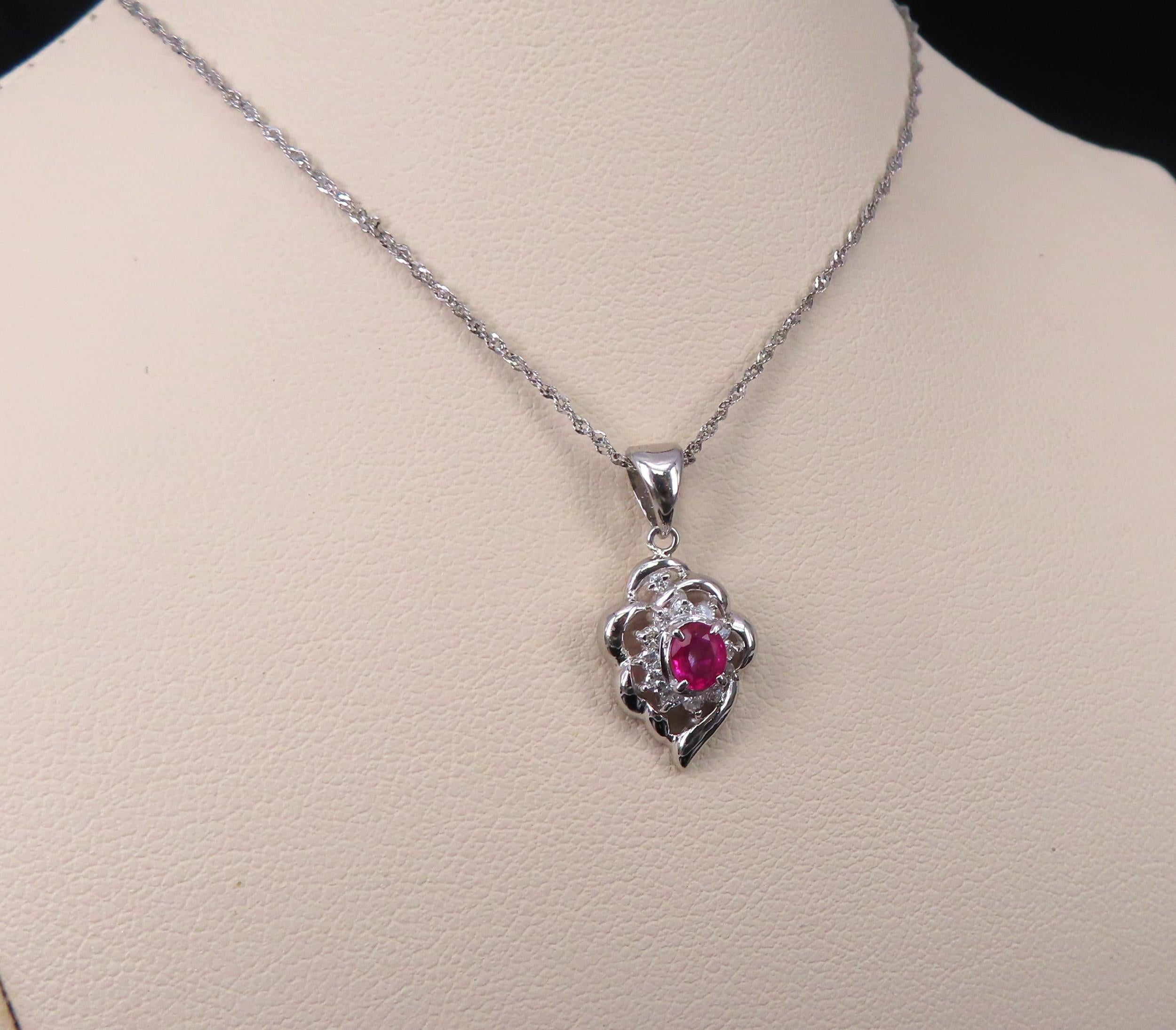 Vintage 0.37ct Intense Red Ruby & 0.15ct Diamond Platinum Necklace