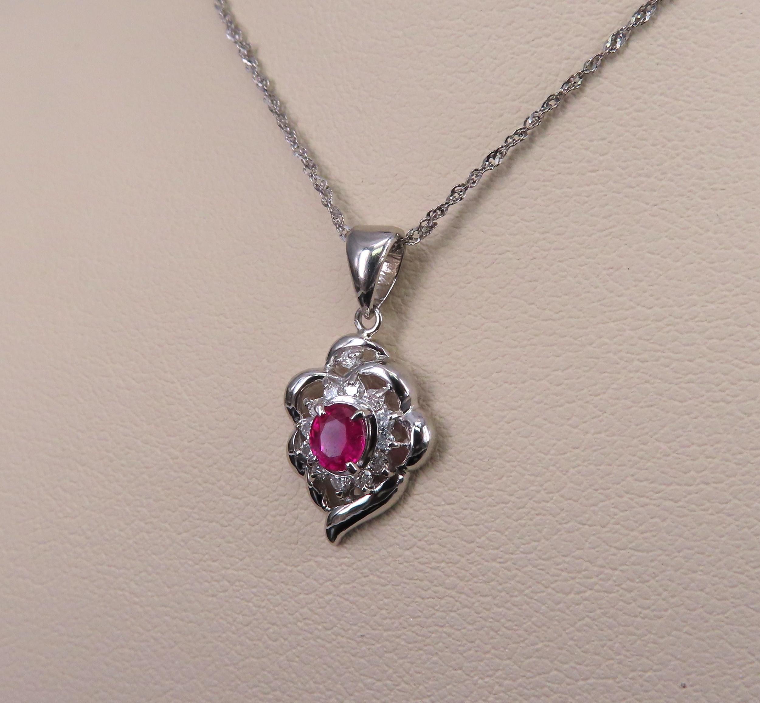 Vintage 0.37ct Intense Red Ruby & 0.15ct Diamond Platinum Necklace