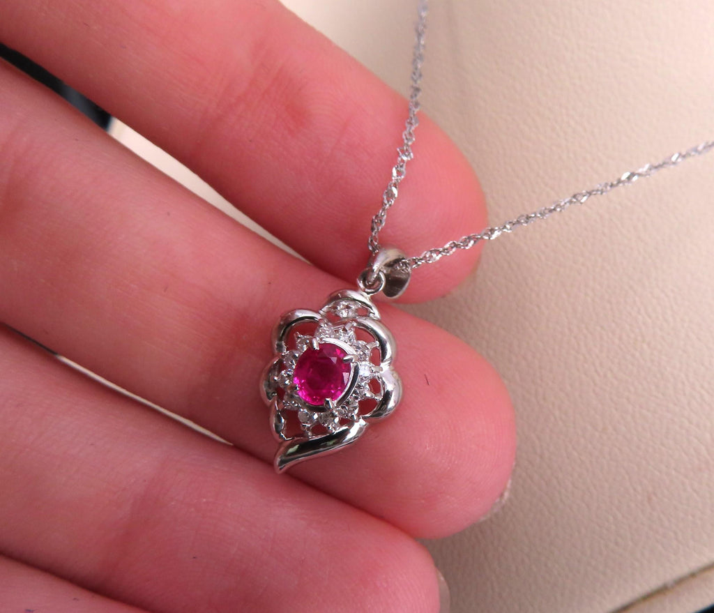 Vintage 0.37ct Intense Red Ruby & 0.15ct Diamond Platinum Necklace