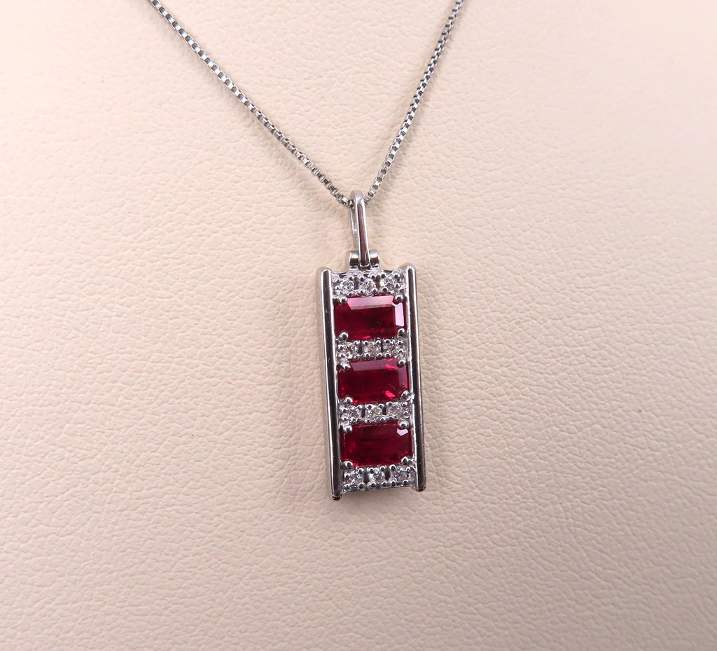 Vintage 1.08ct Intense Red Ruby & 0.10ct Diamond Platinum Bar Necklace