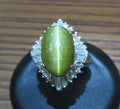 Vintage 8.54ct Cat's Eye Tourmaline  & 1.08ct Diamond Platinum Ring, Size 6