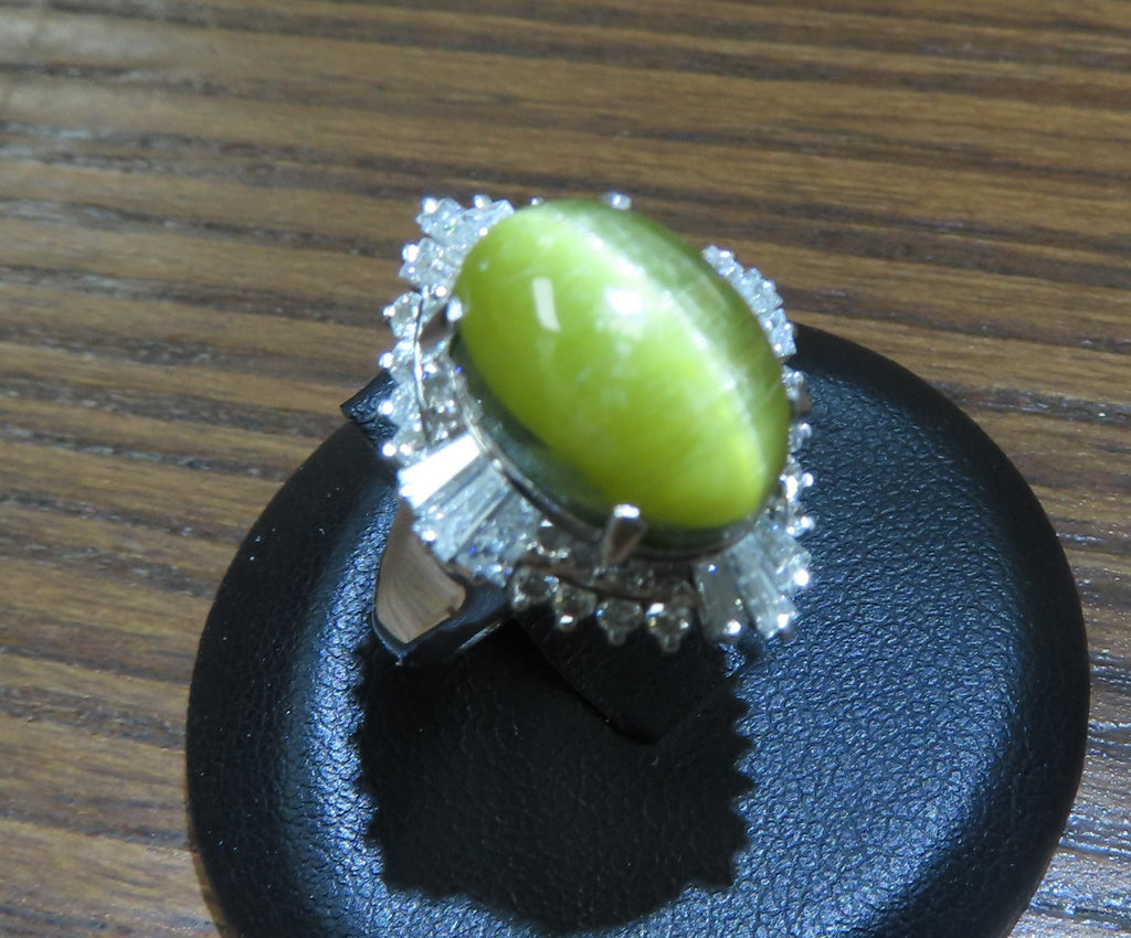 Vintage 8.54ct Cat's Eye Tourmaline  & 1.08ct Diamond Platinum Ring, Size 6