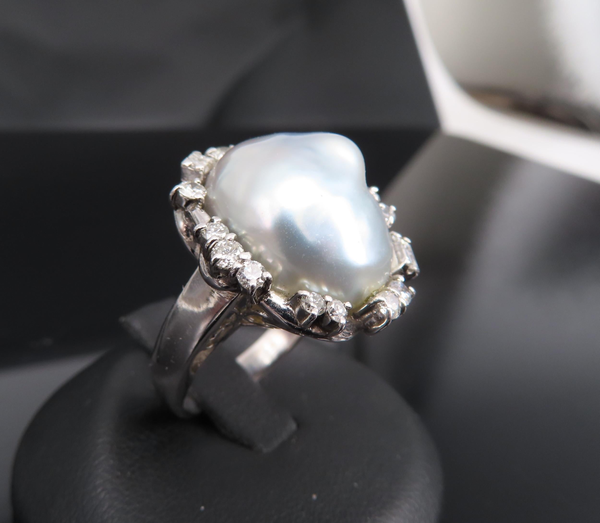 Vintage 15.7mm Baroque Pearl & 0.70ct Diamond Platinum Halo Ring, Size 6.25
