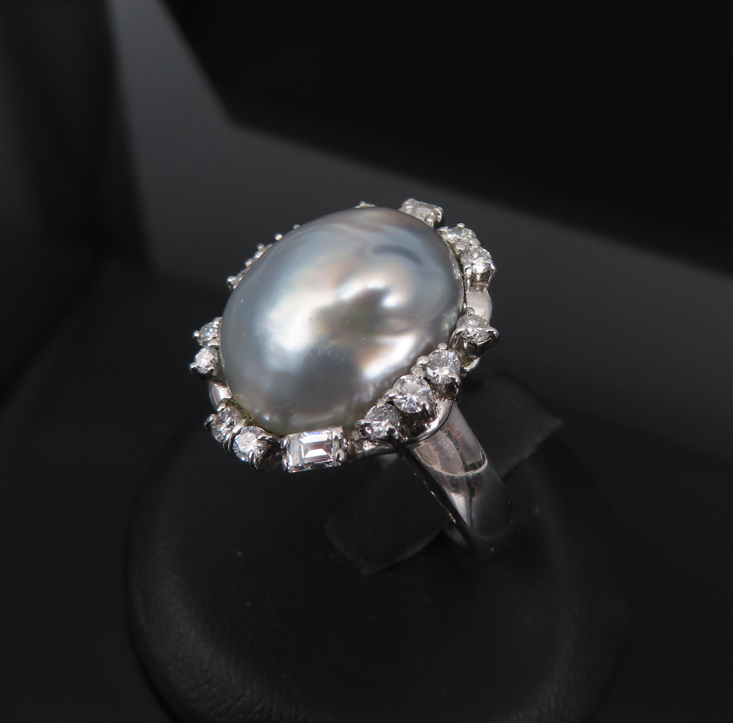 Vintage 15.7mm Baroque Pearl & 0.70ct Diamond Platinum Halo Ring, Size 6.25