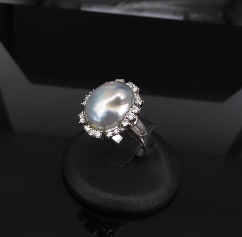 Vintage 15.7mm Baroque Pearl & 0.70ct Diamond Platinum Halo Ring, Size 6.25