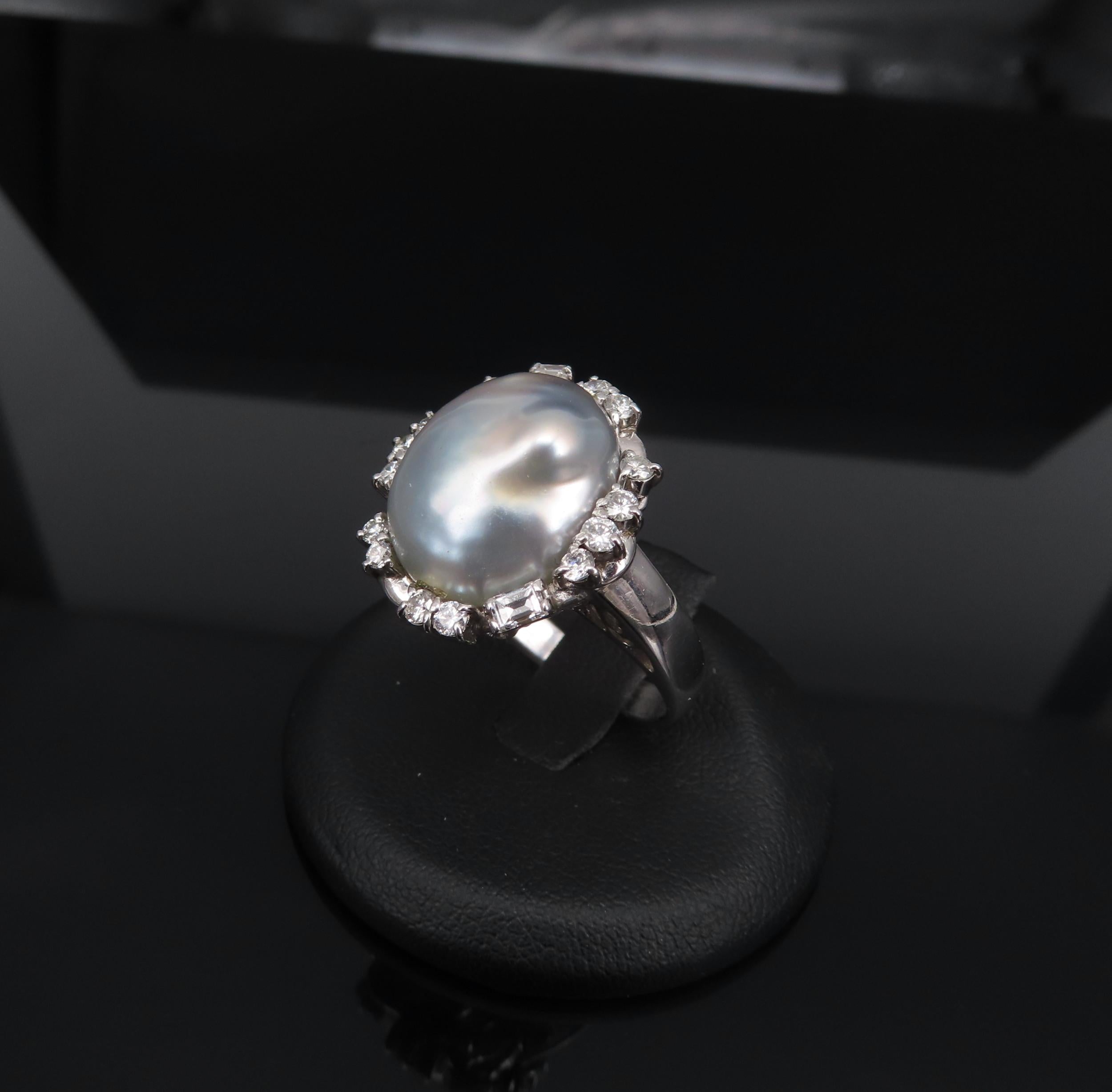 Vintage 15.7mm Baroque Pearl & 0.70ct Diamond Platinum Halo Ring, Size 6.25