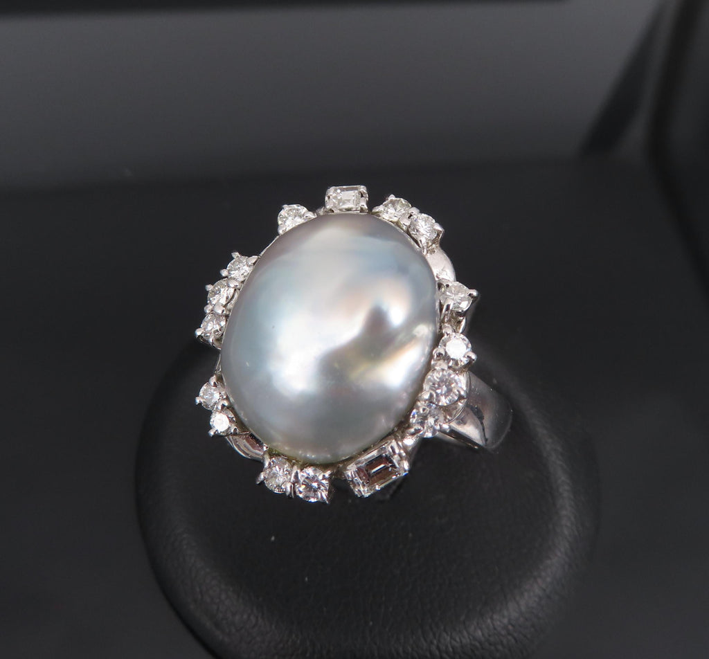 Vintage 15.7mm Baroque Pearl & 0.70ct Diamond Platinum Halo Ring, Size 6.25