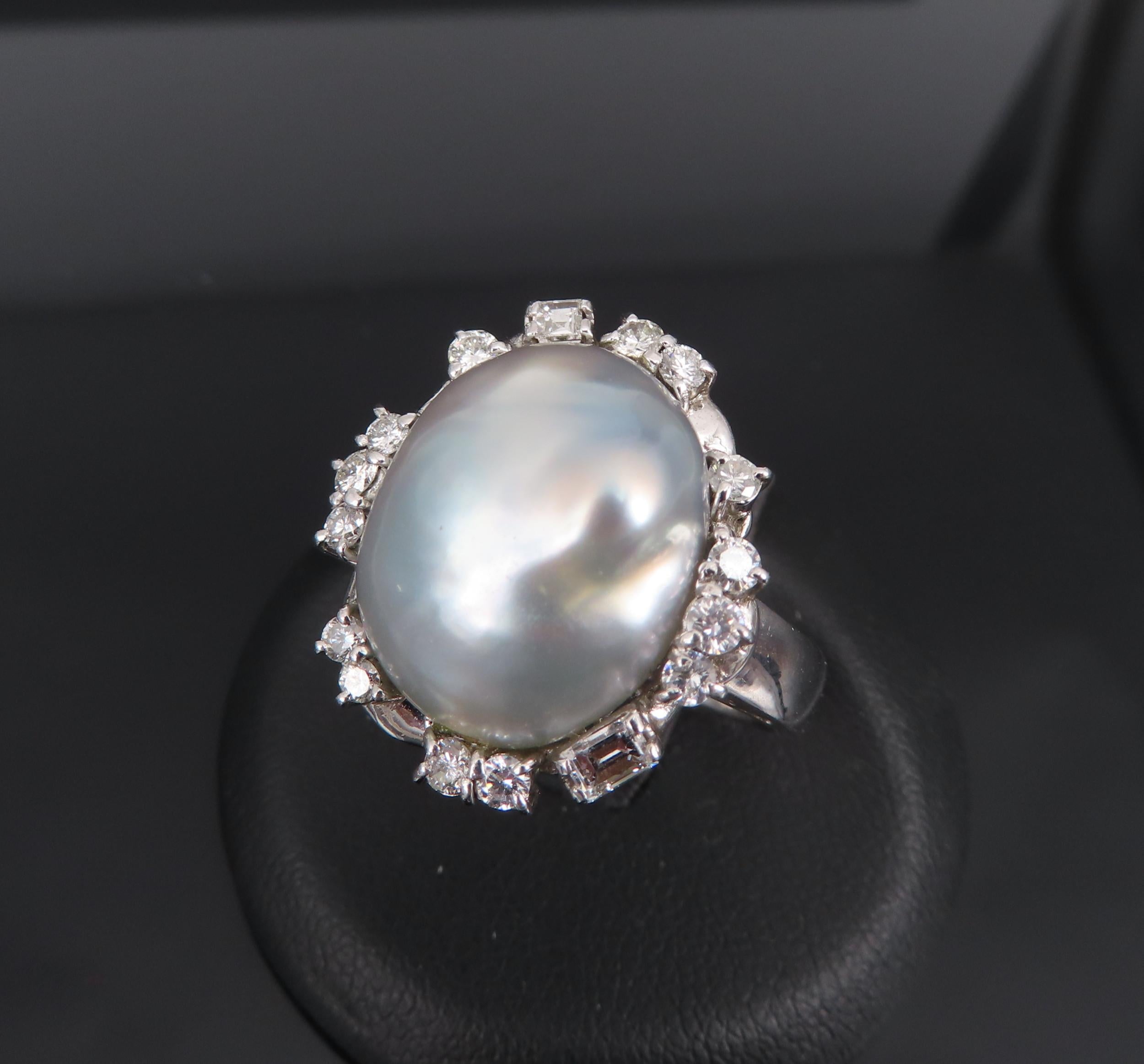Vintage 15.7mm Baroque Pearl & 0.70ct Diamond Platinum Halo Ring, Size 6.25