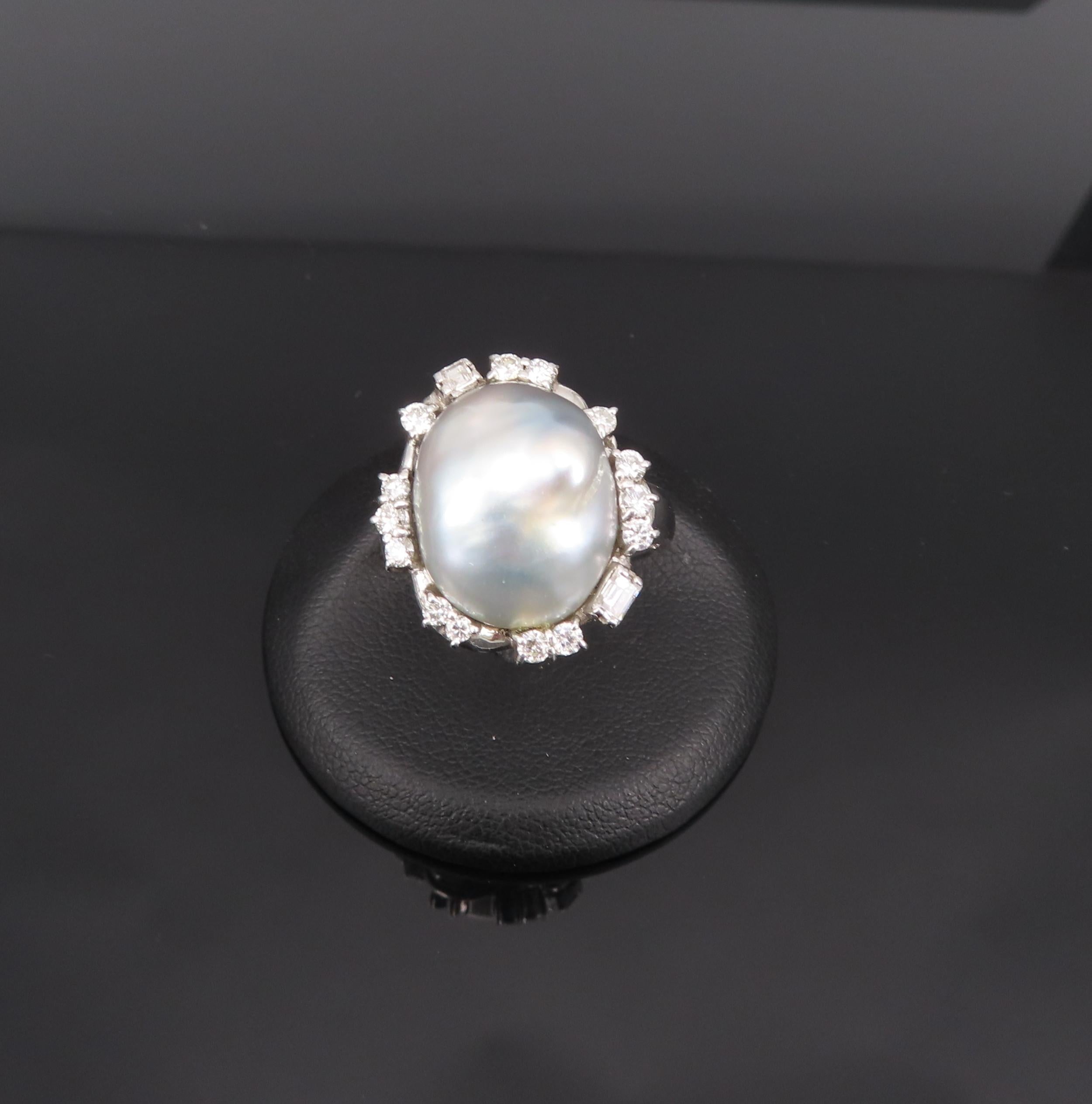 Vintage 15.7mm Baroque Pearl & 0.70ct Diamond Platinum Halo Ring, Size 6.25