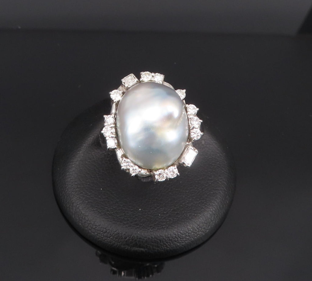 Vintage 15.7mm Baroque Pearl & 0.70ct Diamond Platinum Halo Ring, Size 6.25