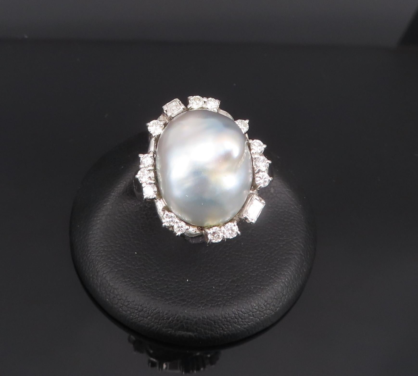 Vintage 15.7mm Baroque Pearl & 0.70ct Diamond Platinum Halo Ring, Size 6.25