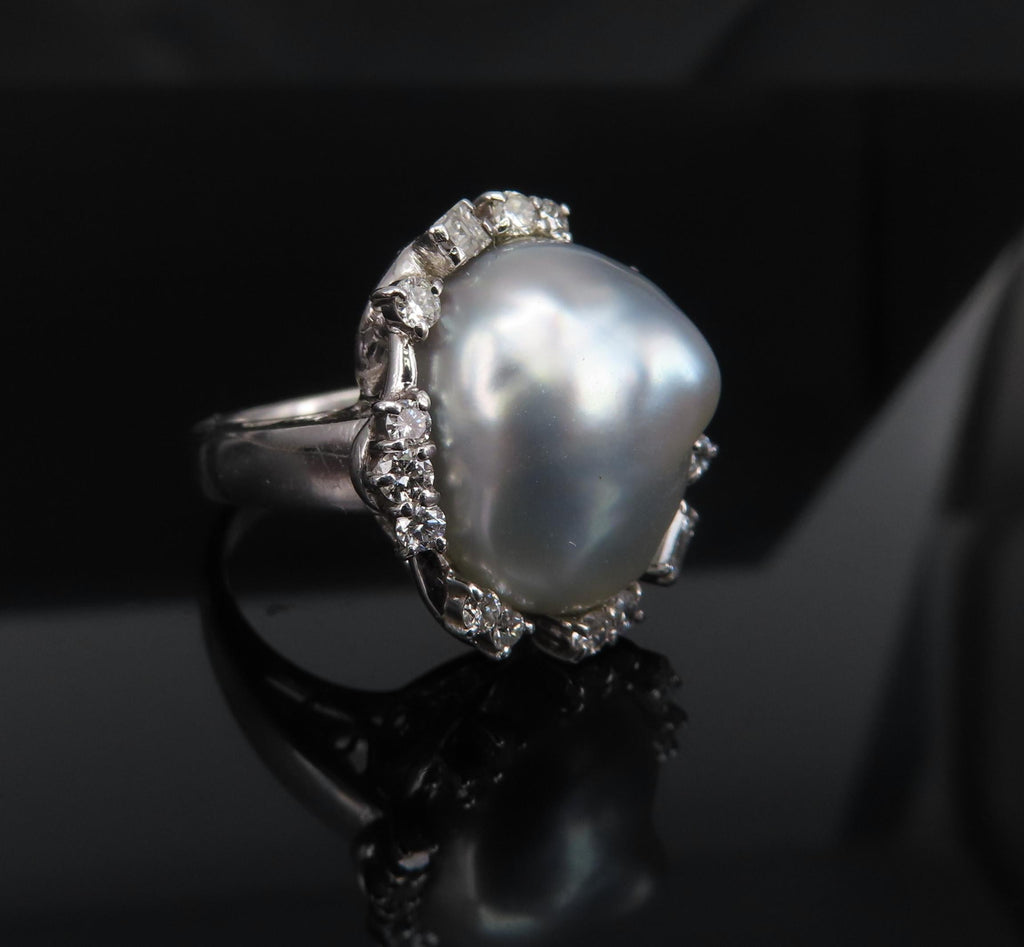 Vintage 15.7mm Baroque Pearl & 0.70ct Diamond Platinum Halo Ring, Size 6.25