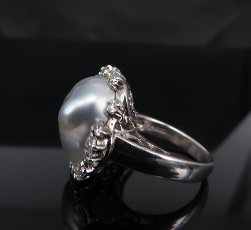 Vintage 15.7mm Baroque Pearl & 0.70ct Diamond Platinum Halo Ring, Size 6.25