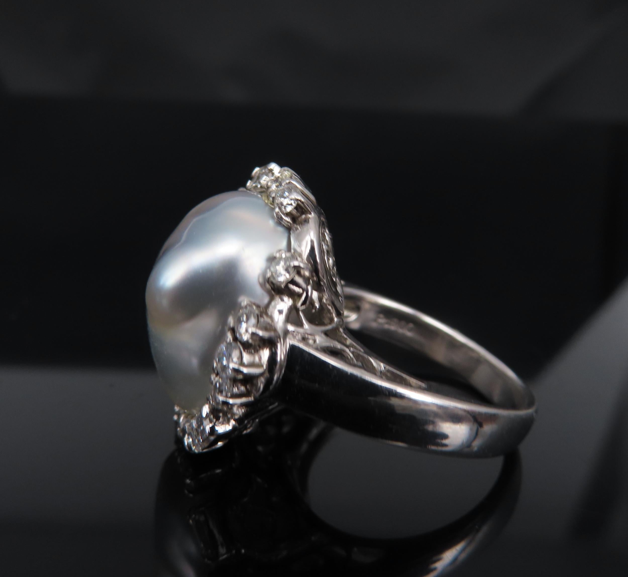 Vintage 15.7mm Baroque Pearl & 0.70ct Diamond Platinum Halo Ring, Size 6.25