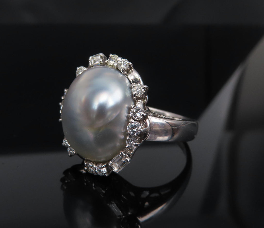 Vintage 15.7mm Baroque Pearl & 0.70ct Diamond Platinum Halo Ring, Size 6.25