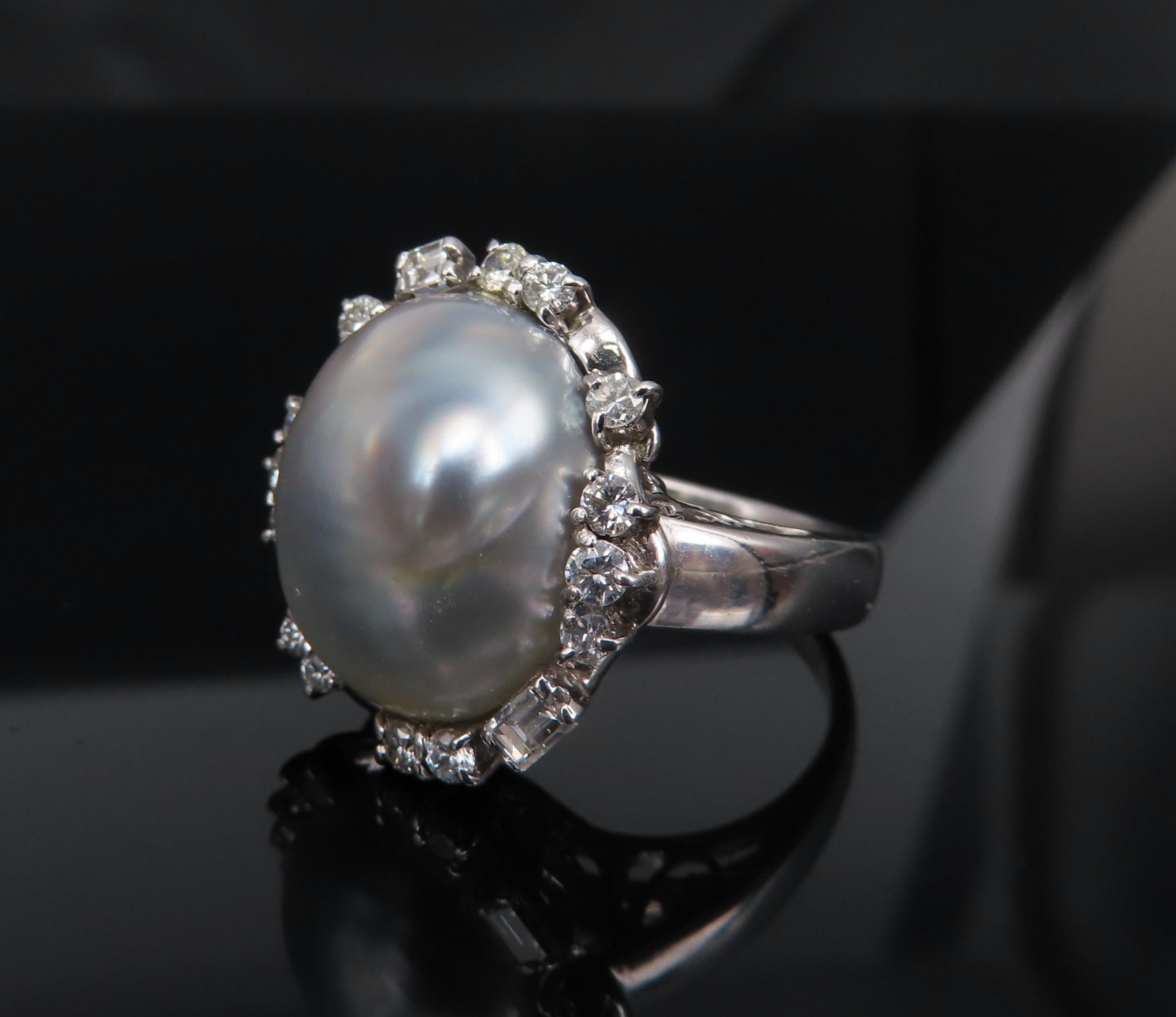 Vintage 15.7mm Baroque Pearl & 0.70ct Diamond Platinum Halo Ring, Size 6.25