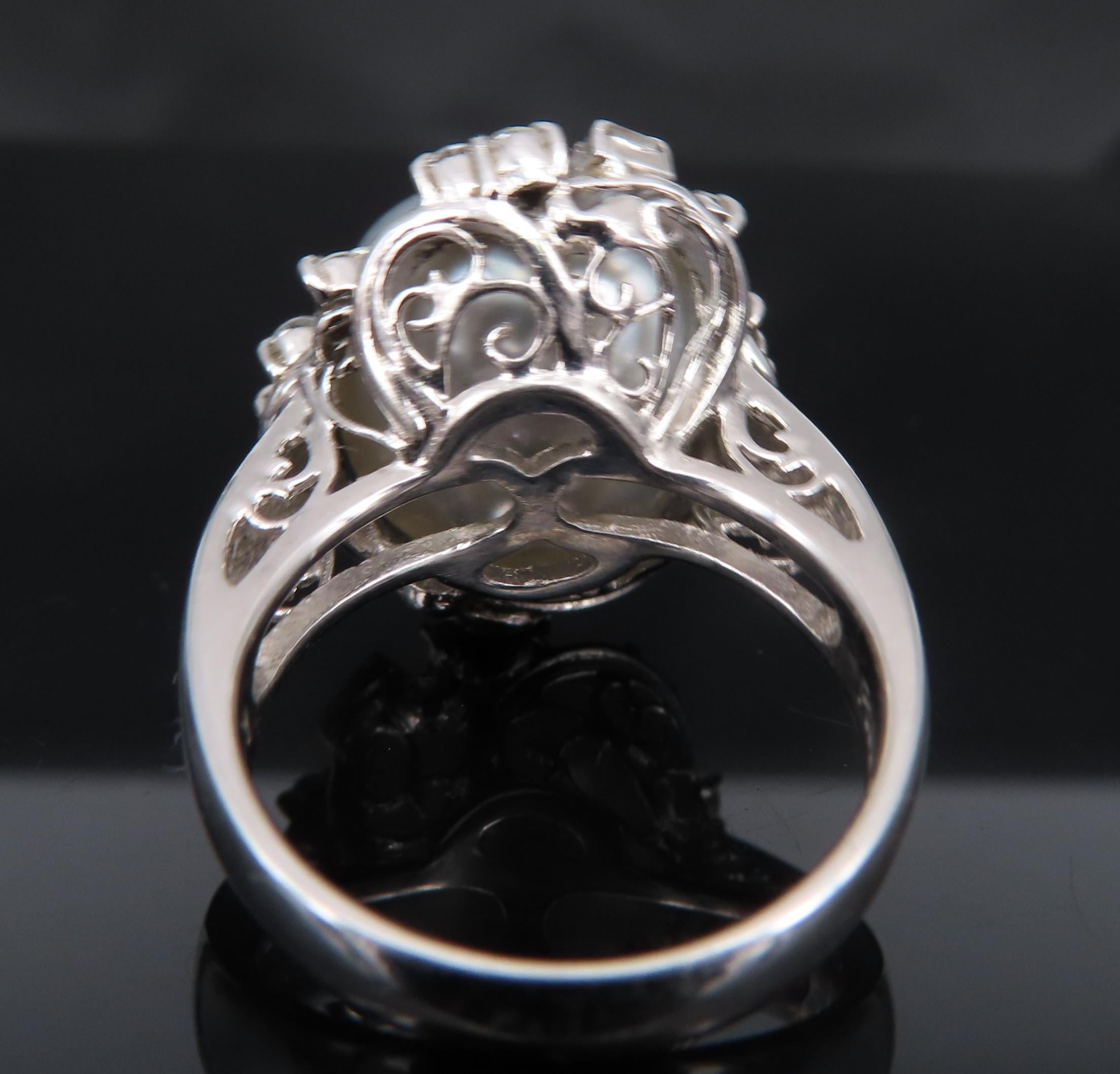 Vintage 15.7mm Baroque Pearl & 0.70ct Diamond Platinum Halo Ring, Size 6.25