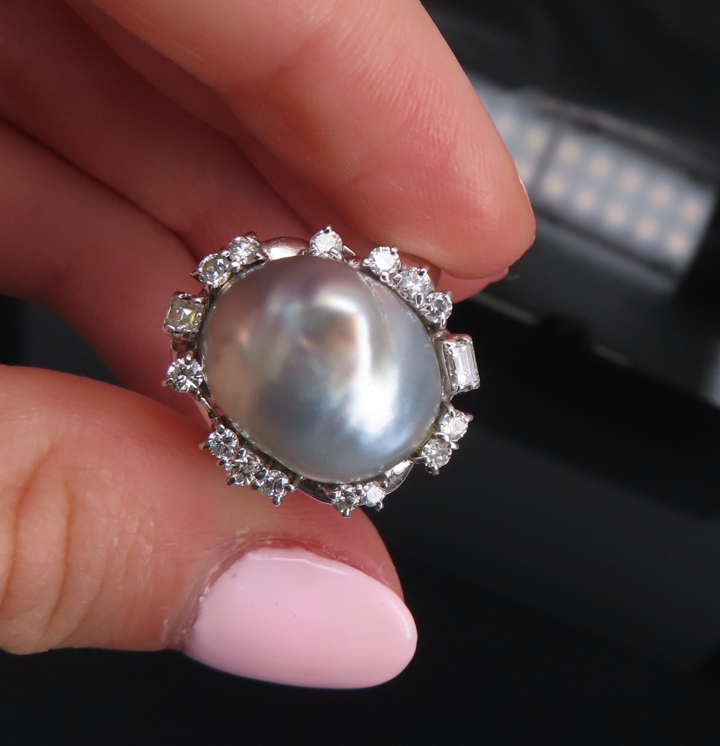 Vintage 15.7mm Baroque Pearl & 0.70ct Diamond Platinum Halo Ring, Size 6.25