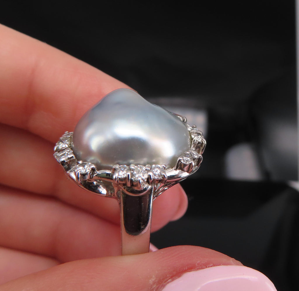 Vintage 15.7mm Baroque Pearl & 0.70ct Diamond Platinum Halo Ring, Size 6.25