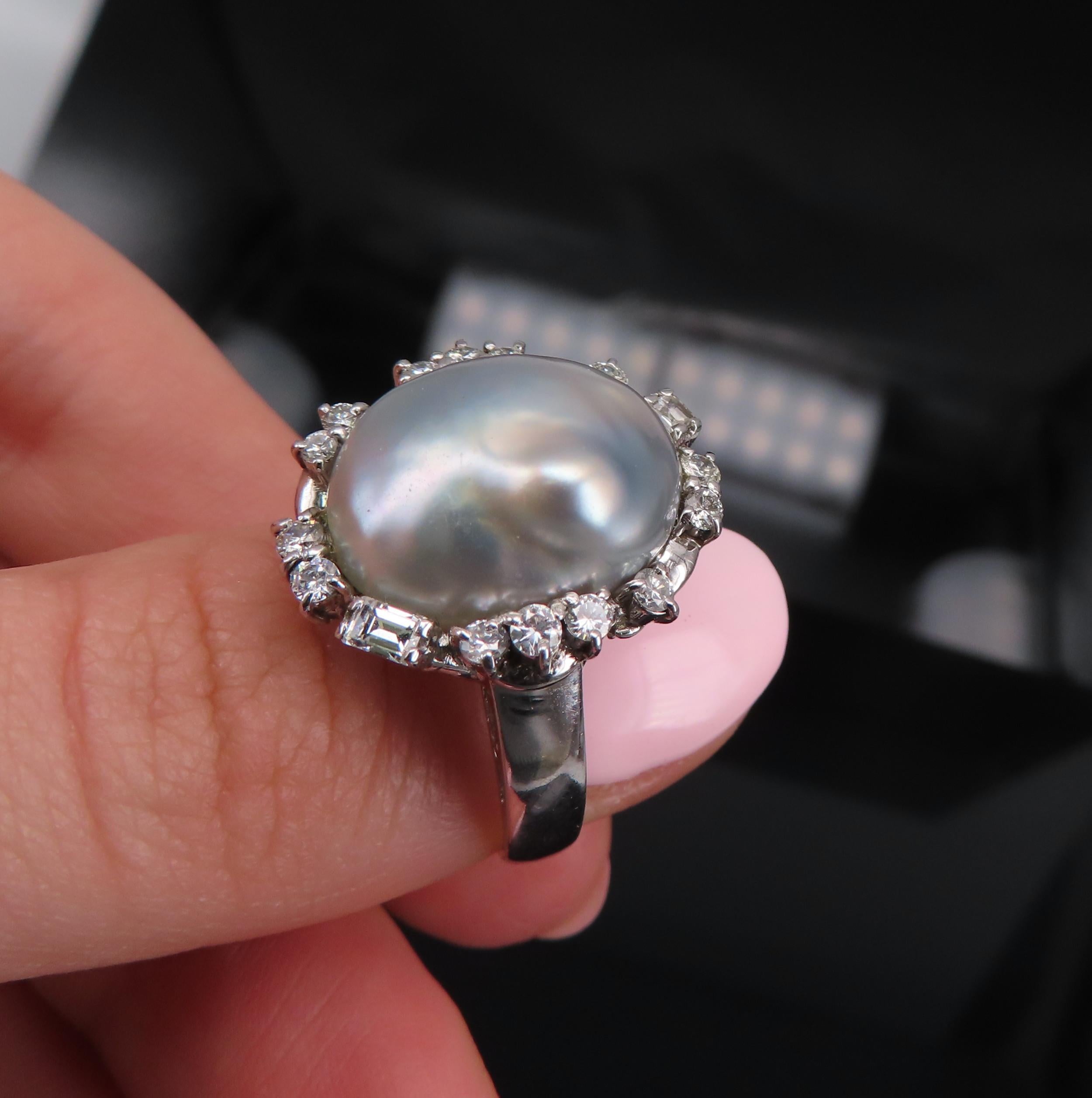 Vintage 15.7mm Baroque Pearl & 0.70ct Diamond Platinum Halo Ring, Size 6.25