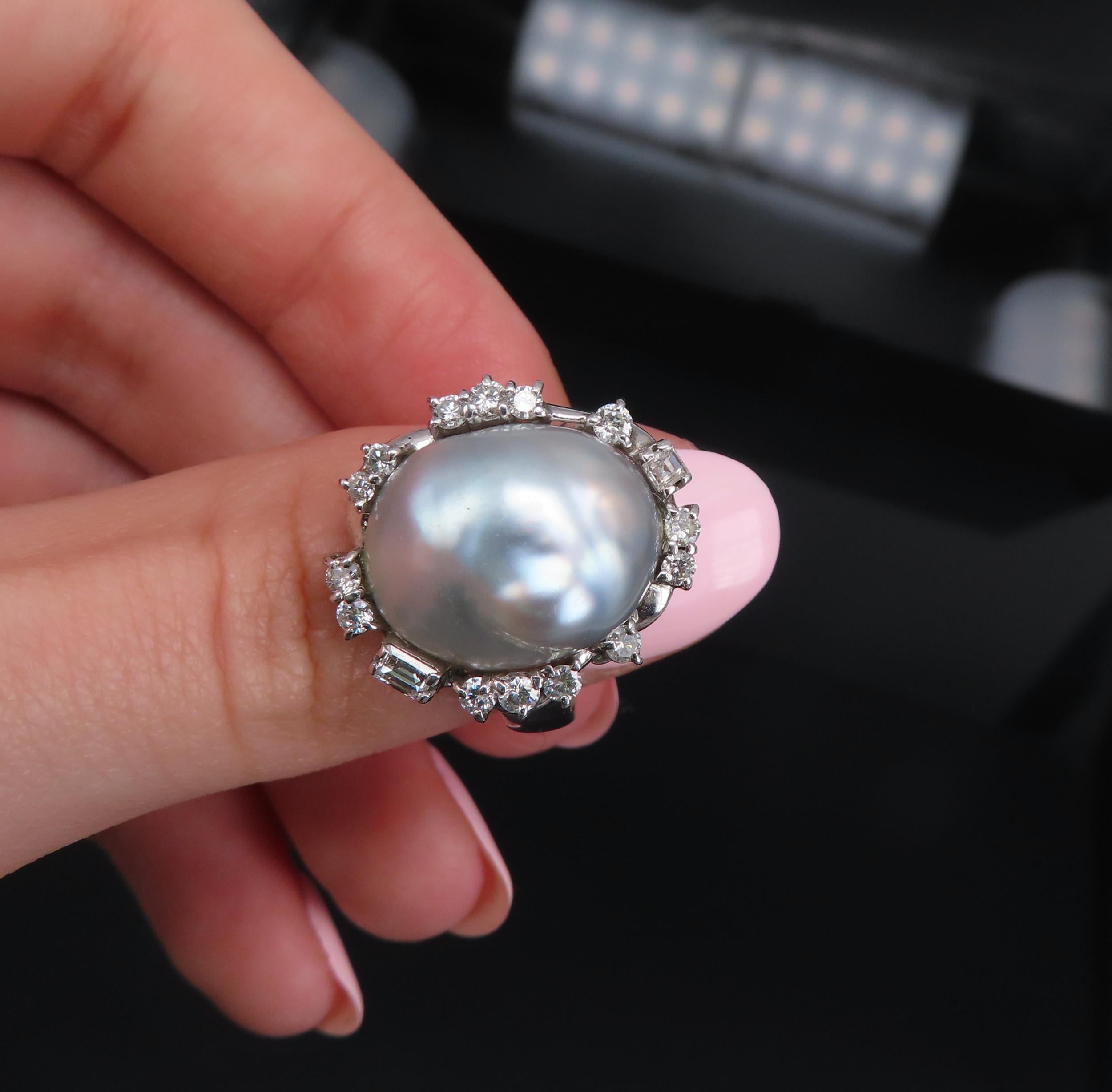 Vintage 15.7mm Baroque Pearl & 0.70ct Diamond Platinum Halo Ring, Size 6.25