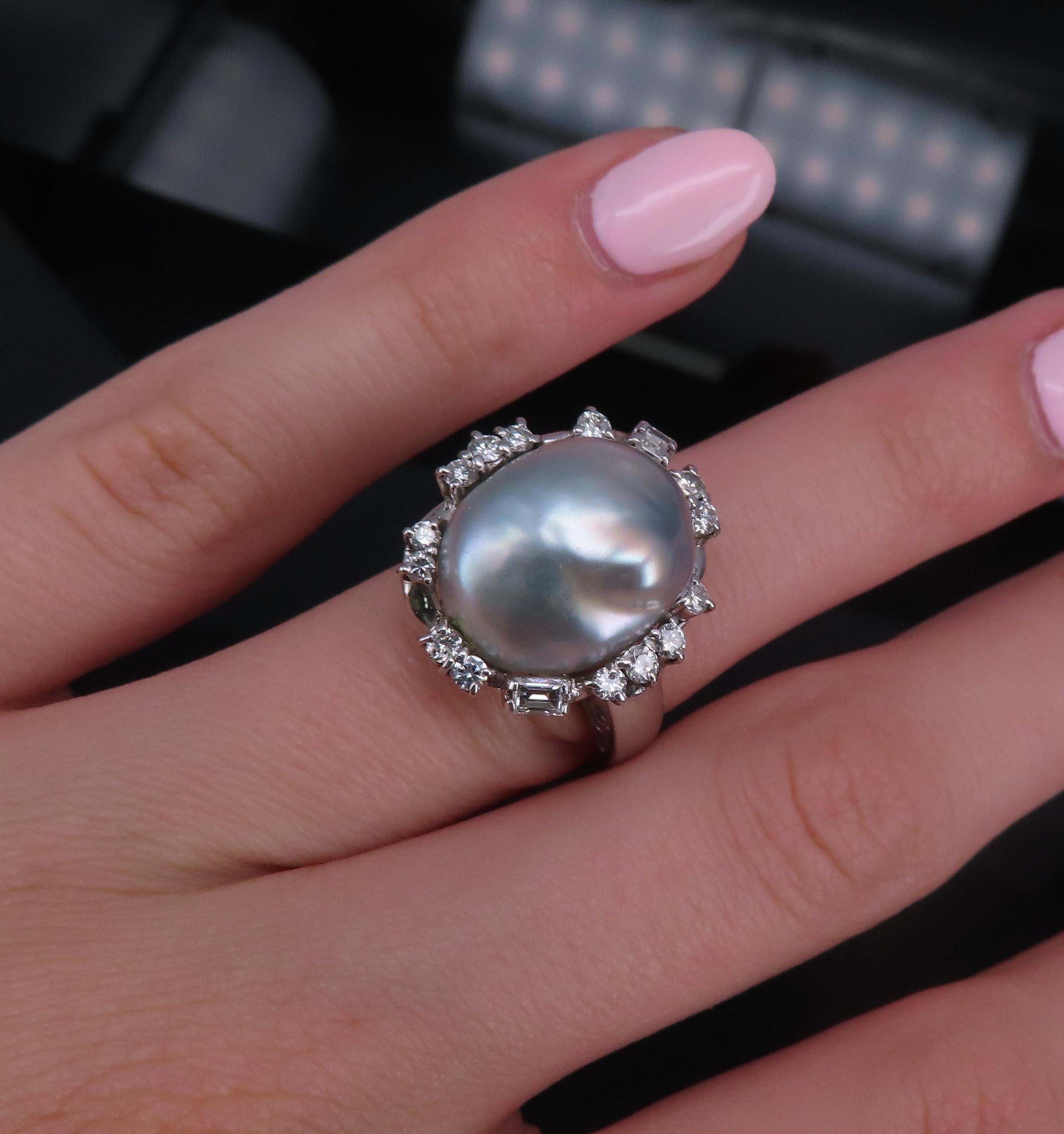 Vintage 15.7mm Baroque Pearl & 0.70ct Diamond Platinum Halo Ring, Size 6.25