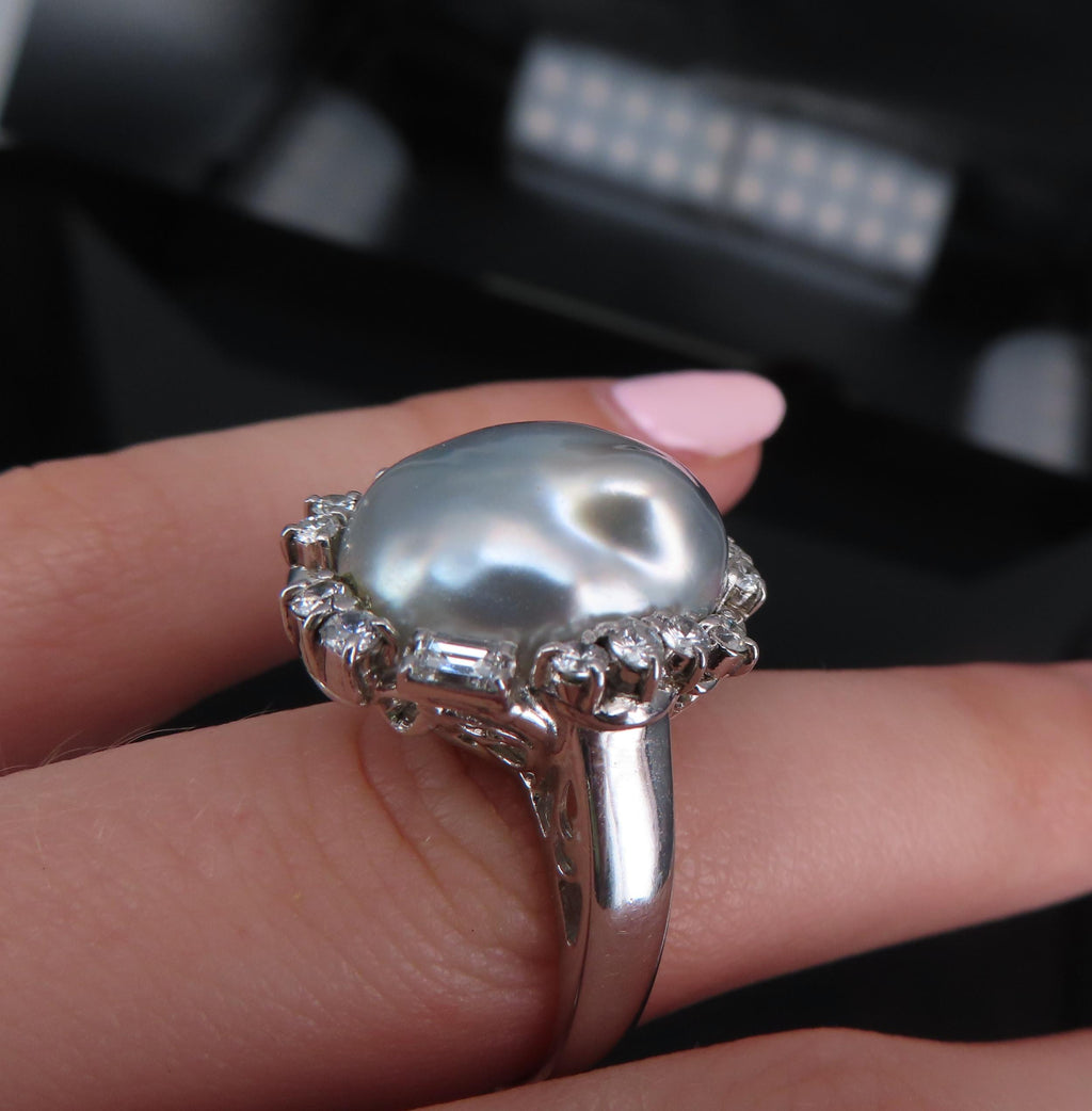 Vintage 15.7mm Baroque Pearl & 0.70ct Diamond Platinum Halo Ring, Size 6.25