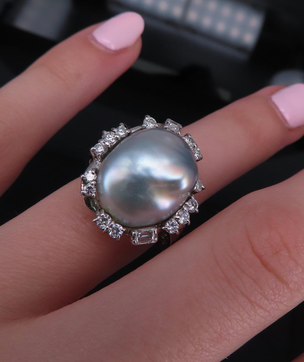 Vintage 15.7mm Baroque Pearl & 0.70ct Diamond Platinum Halo Ring, Size 6.25