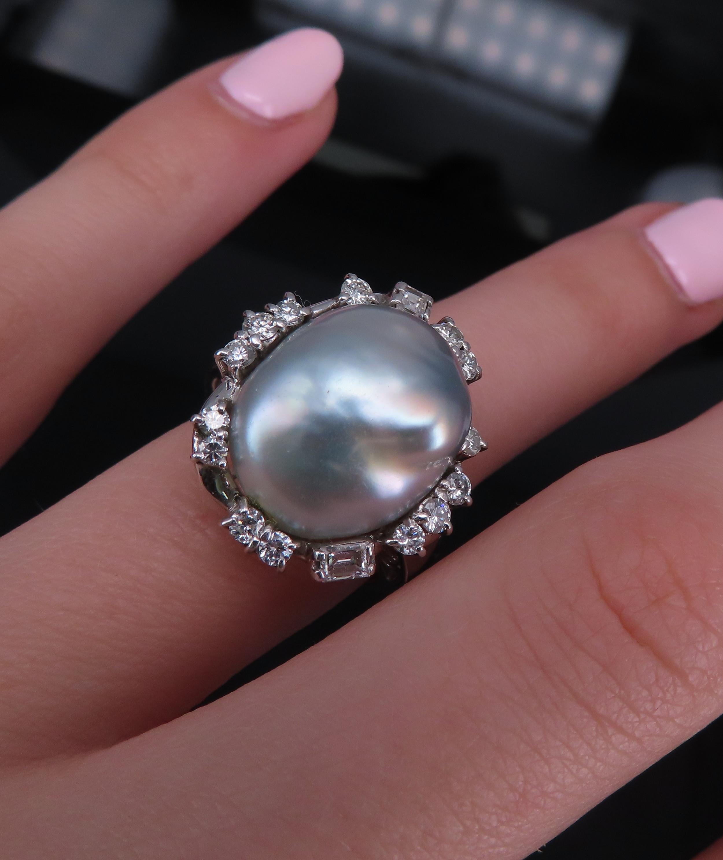 Vintage 15.7mm Baroque Pearl & 0.70ct Diamond Platinum Halo Ring, Size 6.25