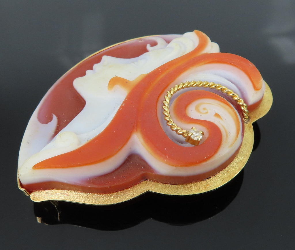 Vintage 0.03ct Diamond & Agate 18K Yellow Gold Cameo Pendant Brooch