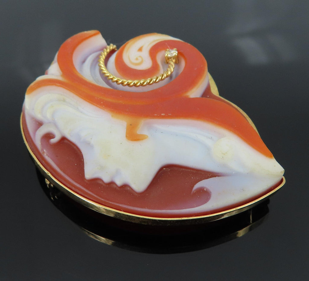 Vintage 0.03ct Diamond & Agate 18K Yellow Gold Cameo Pendant Brooch