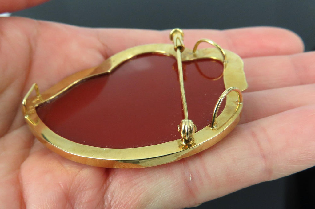 Vintage 0.03ct Diamond & Agate 18K Yellow Gold Cameo Pendant Brooch