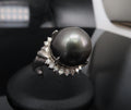 Vintage 14.2mm Black Tahitian Pearl 0.50ct Diamond Platinum Halo Ring Size 6.5