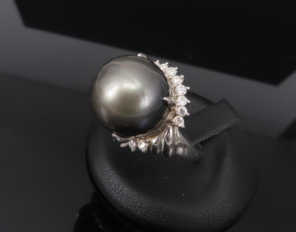 Vintage 14.2mm Black Tahitian Pearl 0.50ct Diamond Platinum Halo Ring Size 6.5