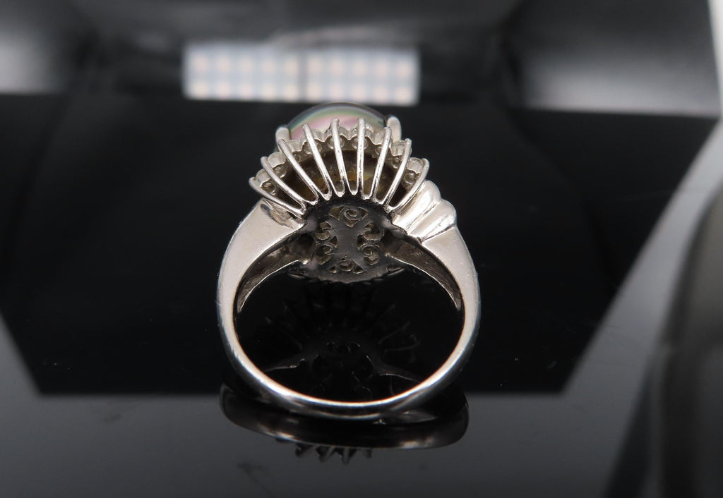 Vintage 14.2mm Black Tahitian Pearl 0.50ct Diamond Platinum Halo Ring Size 6.5