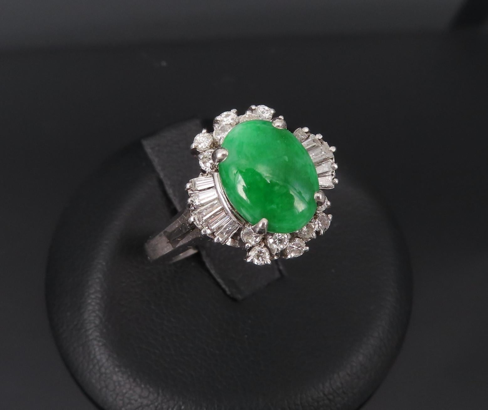 Vintage 1.10ct Natural Jadeite Jade & 0.49ct Diamond Platinum Ring, Size 7.25